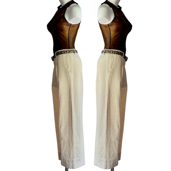 Bloomingdales pleated wide leg pinstripe cream linen pants trousers - size 6 - Picture 2 of 10